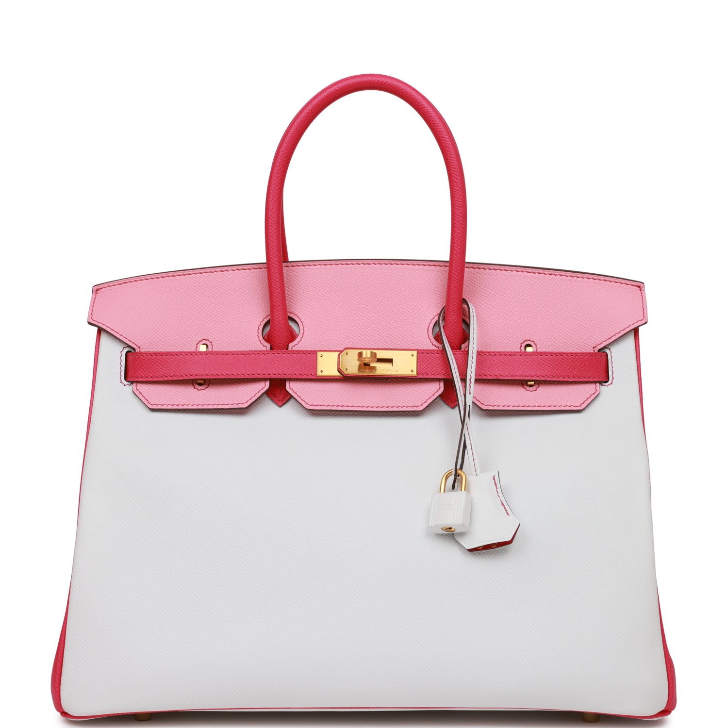 On Sale Pre-owned Hermes Special Order (HSS) Birkin 35 Rose Tyrien, Rose Lipstick and White Epsom Brushed Gold Hardware