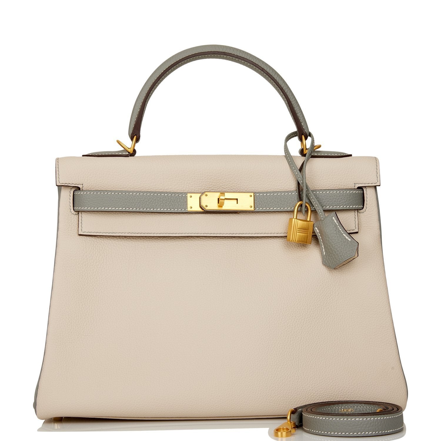 On Sale Pre-owned Hermes Special Order (HSS) Kelly Retourne 32 Craie and Gris Mouette Togo Brushed Gold Hardware