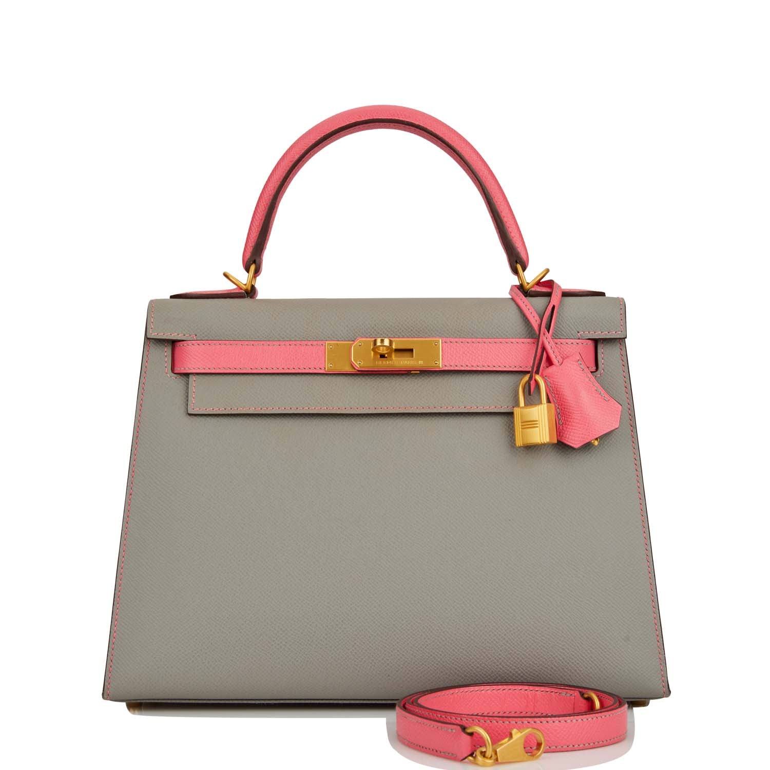 On Sale Pre-owned Hermes Special Order (HSS) Kelly Sellier 28 Gris Mouette and Rose Azalee Epsom Brushed Gold Hardware