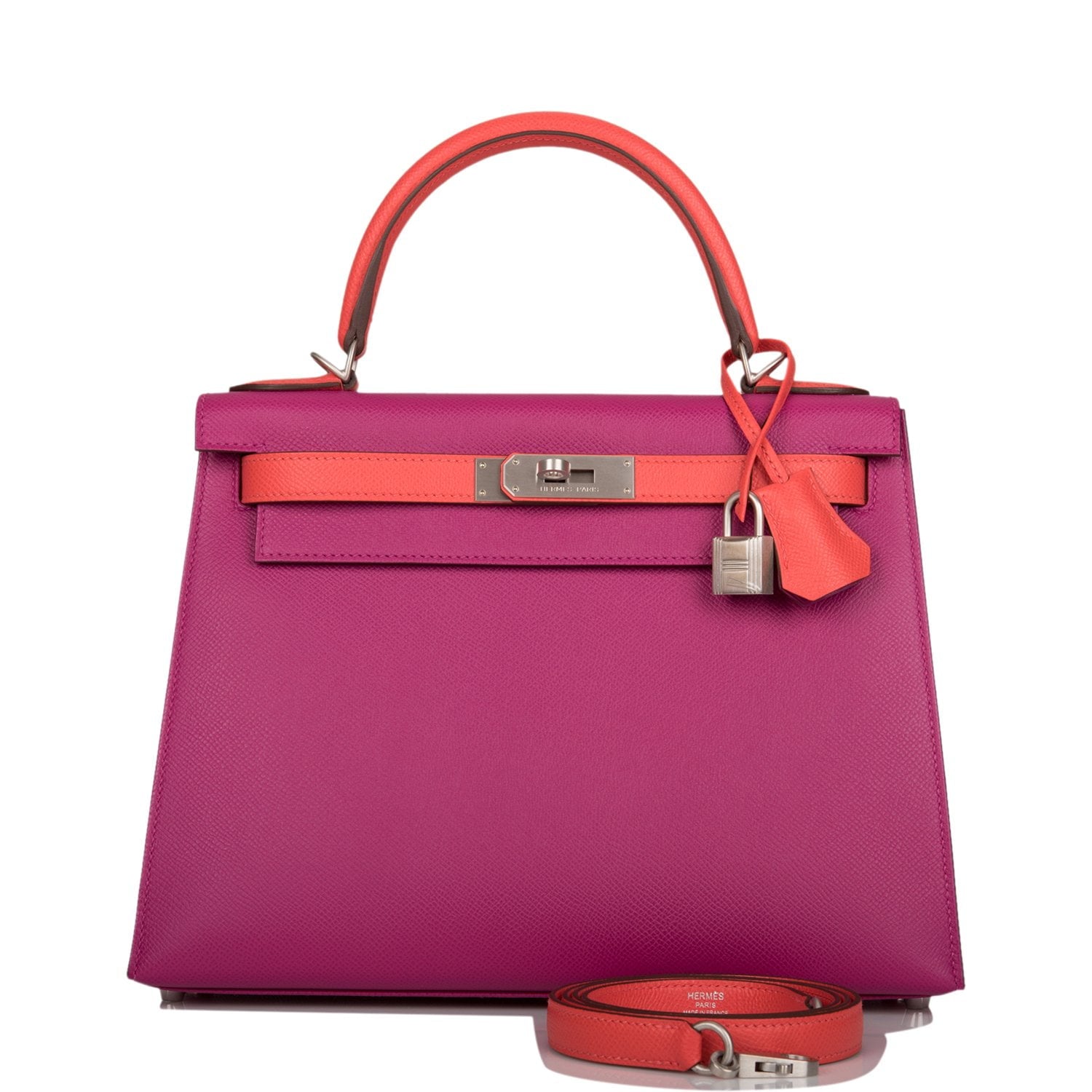 On Sale Pre-owned Hermes Special Order (HSS) Kelly Sellier 28 Rose Pourpre and Rose Jaipur Epsom Brushed Palladium Hardware